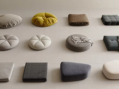 Various Floor Cushions In Different Shapes And Colors For Home Decor 3d model