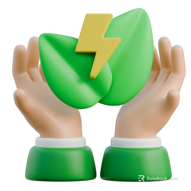 Green Leaf Shaped Decorative Ornament Set With Yellow Lightning Symbol Held By Hands 3d model 