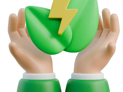 Green Leaf Shaped Decorative Ornament Set With Yellow Lightning Symbol Held By Hands 3d model