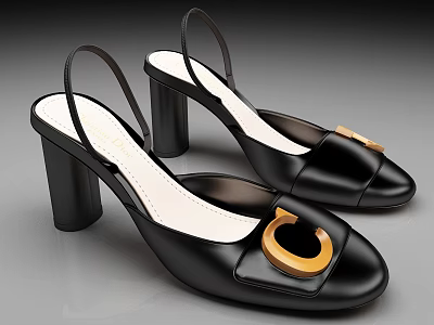 Women's Black Leather High Heels With Block Heels And Gold Buckle Accent Design 3d model