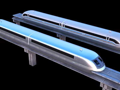 Two High Speed Trains With Silver Streamlined Body Running On Elevated Railway Track 3d model