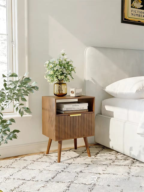 Modern Walnut Wood Bedside Table With Vase Green Plants Books And Small Box 3d model 