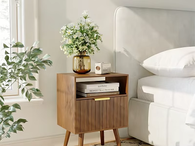 Modern Walnut Wood Bedside Table With Vase Green Plants Books And Small Box 3d model