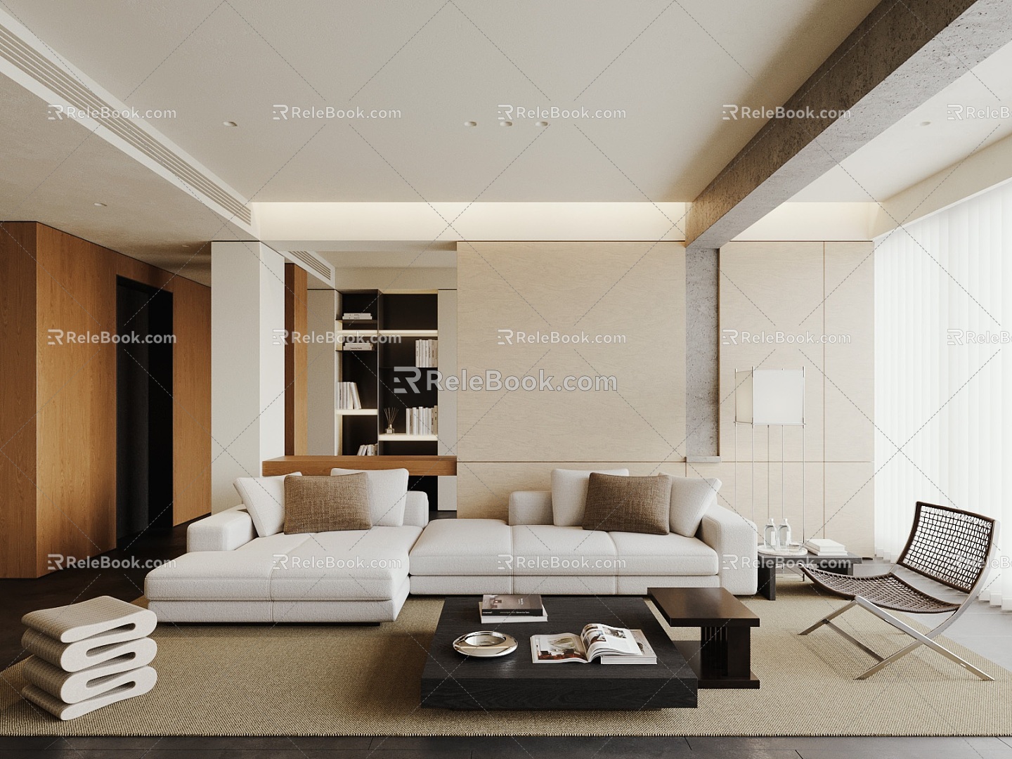 Modern Minimalist Style Living Room Study Living Room Study Integrated Sofa Coffee Table Combination No Main Lamp Living Room Floor Lamp Cement Beam Bookshelf 3d model