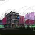 Modern Sales Office Exterior Design With Glass Curtain Wall And Digital Display Among High-Rise Buildings