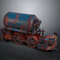 Vintage Steam Train With Rusty Blue Red Exterior And Metal Wheels Mechanical Parts