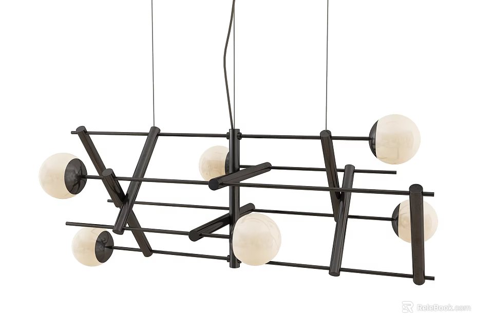 Modern Geometric Chandelier With Black Metal Frame And White Spherical Bulbs 3d model 