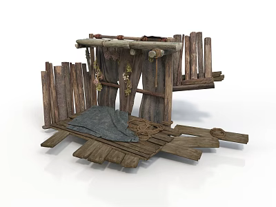 Rustic Wooden Construction With Fence Planks Floor Cloth And Decorative Rope 3d model