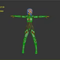 3D Character Model With Orange Hair White Green Red Bodysuit Arms Outstretched