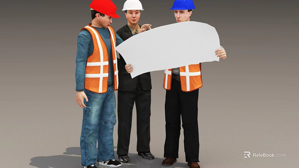 Men In Red White Blue Hard Hats Discussing Plans With Whiteboard And Orange Safety Vests 3d model 
