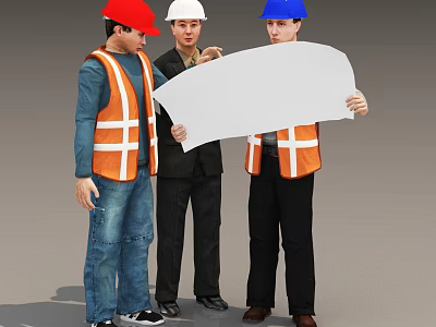 Men In Red White Blue Hard Hats Discussing Plans With Whiteboard And Orange Safety Vests 3d model