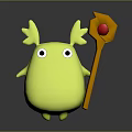 Cute Green Creature Character With Horns Holding Wooden Staff With Red Orb On Dark Background