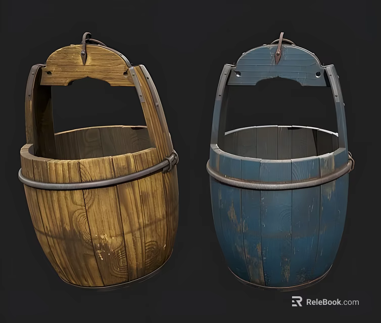 Vintage Wooden Buckets With Metal Hoops And Handles In Brown And Blue 3d model 