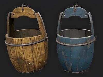 Vintage Wooden Buckets With Metal Hoops And Handles In Brown And Blue 3d model