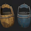 Vintage Wooden Buckets With Metal Hoops And Handles In Brown And Blue