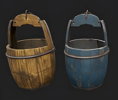 Vintage Wooden Buckets With Metal Hoops And Handles In Brown And Blue 3d model