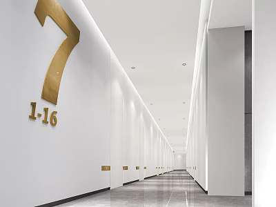 Front Desk Reception Area With White And Gold Decor And Number 7 1 to 16 Design 3d model