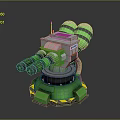 Green Mechanical Weapon Turret with Dual Barrels Antenna and Yellow Warning Stripes