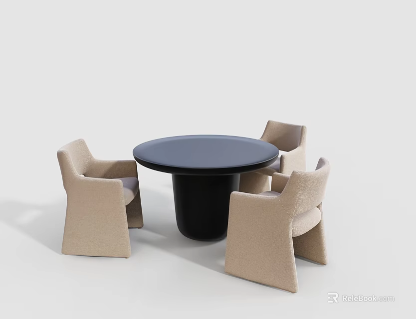 Modern Dining Table Set with Round Black Tabletop and Four Beige Chairs 3d model