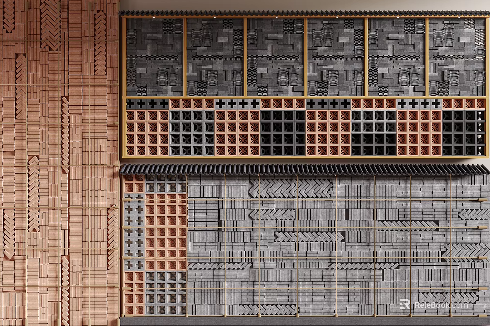 Traditional Decorative Background Wall With Layered Brick Patterns And Wooden Frames 3d model