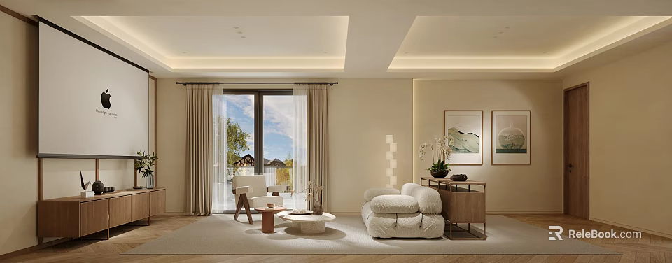 Modern Living Room Interior Design With White Sofa Large Windows Beige Curtains And Wall Art 3d model 