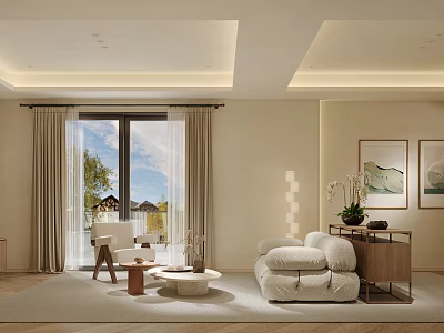 Modern Living Room Interior Design With White Sofa Large Windows Beige Curtains And Wall Art 3d model