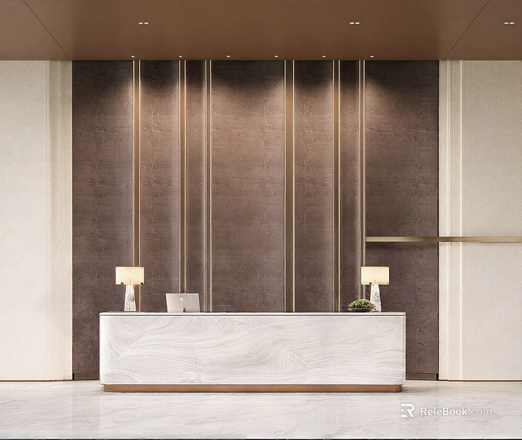 Modern Reception Desk With Marble Countertop Dark Wooden Backdrop Table Lamps And Recessed Lighting 3d model 