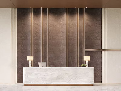 Modern Reception Desk With Marble Countertop Dark Wooden Backdrop Table Lamps And Recessed Lighting 3d model