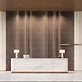 Modern Reception Desk With Marble Countertop Dark Wooden Backdrop Table Lamps And Recessed Lighting