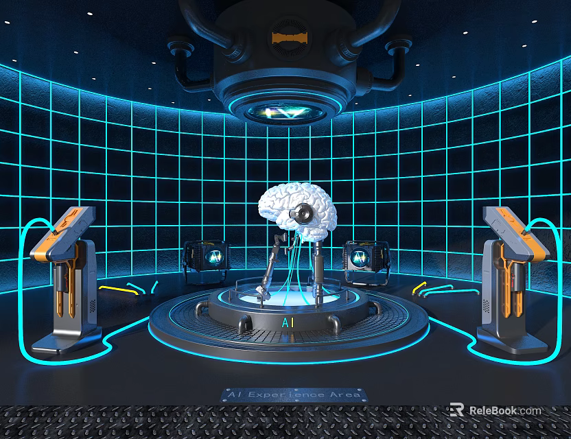 Futuristic Brain Holographic Projection in Blue Grid Environment With Control Panels 3d model 