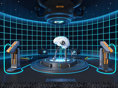 Futuristic Brain Holographic Projection in Blue Grid Environment With Control Panels 3d model