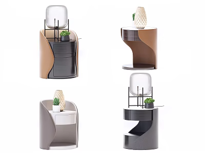 Modern Bedside Tables With Mirror Top And Small Potted Plant Decor 3d model