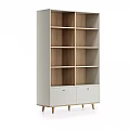 Modern White And Wooden Bookcase With Multiple Shelves And Bottom Drawers