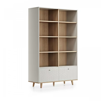 Modern White And Wooden Bookcase With Multiple Shelves And Bottom Drawers 3d model