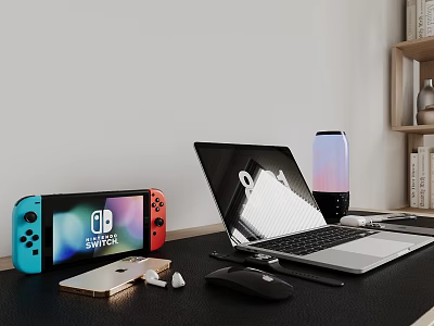 Modern Laptop Setup With Nintendo Switch Smartphone Mouse And Desk Accessories 3d model
