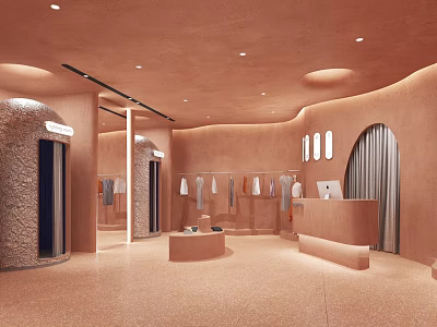 Modern Warm Clothing Store Interior With Curved Walls Hanging Clothes Display Tables And Soft Lighting 3d model