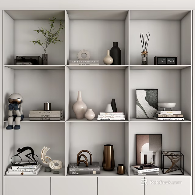 Modern Decorative Ornament Collection On Shelves With Vases Books And Astronaut Figurine 3d model 