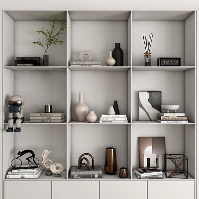 Modern Decorative Ornament Collection On Shelves With Vases Books And Astronaut Figurine 3d model