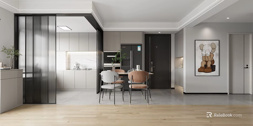 Modern Dining Living Room Interior With Dining Table Chairs Cabinets And Open Space 3d model