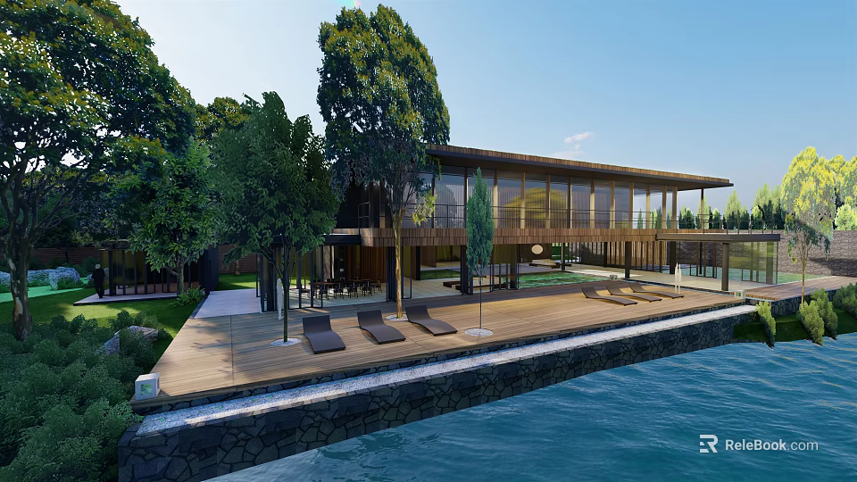 Modern Waterfront Boutique Guesthouse With Glass Facade And Wooden Deck Surrounded By Lush Trees 3d model 