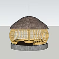 Traditional Circular Thatched Hut With Yellow Lattice Structure And Gray Stone Base 3d model