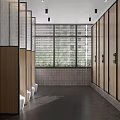 Modern Public Restroom Design Featuring Three Round Mirrors Ring Lights Wooden Countertop And Tiled Walls