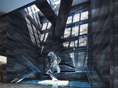 Modern Cultural Center Interior Design With Sculpture Staircase And Large Glass Windows 3d model
