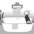 Modern White Bathtub With Black Faucet Wall Shelf Towels Toiletries And Decorative Flower