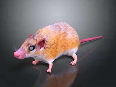 Orange and White Rat With Pink Nose Ears Long Tail Standing On Black Reflective Surface 3d model
