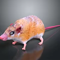 Orange and White Rat With Pink Nose Ears Long Tail Standing On Black Reflective Surface