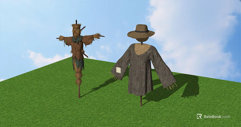 Scarecrows As Agricultural Equipment In Green Grass Field Under Blue Sky 3d model 
