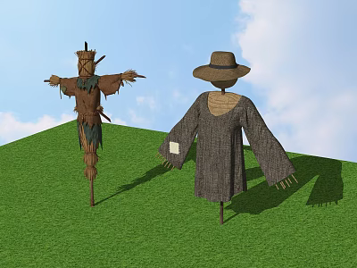 Scarecrows As Agricultural Equipment In Green Grass Field Under Blue Sky 3d model