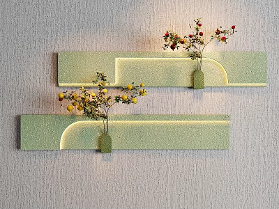 Green Glittery Curved Wall Decor With Small Vases Holding Yellow and Red Flowers 3d model