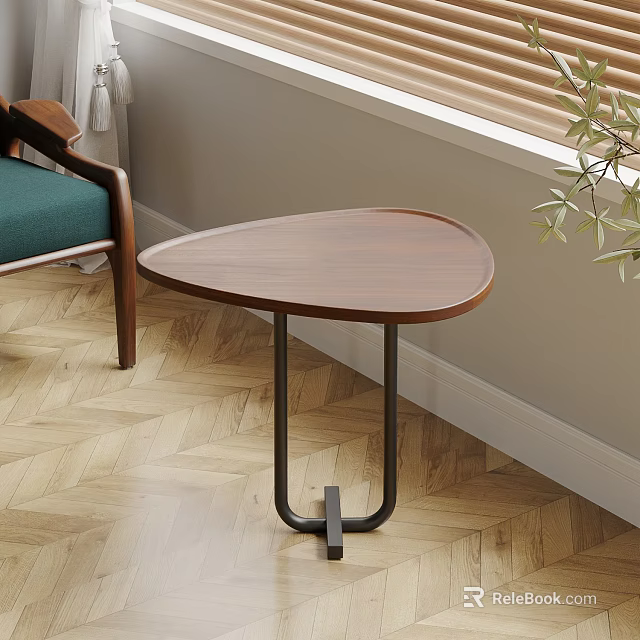 Modern Minimalist Triangular Side Table With Walnut Wood Top And Black Metal Frame 3d model 
